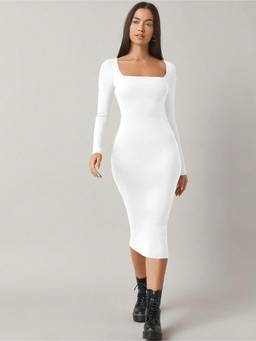 AAHWAN - White Polyester Bodycon Square Neck Full Sleeves Solid Dress