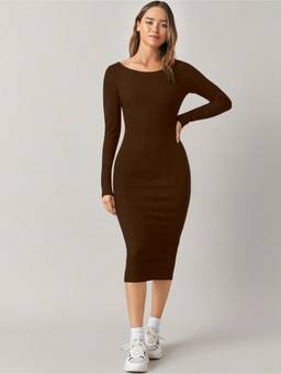 AAHWAN - Brown Polyester Bodycon Boat Neck Full Sleeves Solid Dress