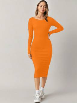 AAHWAN - Orange Polyester Bodycon Boat Neck Full Sleeves Solid Dress