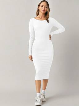 AAHWAN - White Polyester Bodycon Boat Neck Full Sleeves Solid Dress