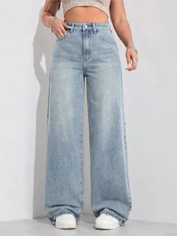 MULVARI - Blue Denim Mid Waist Wide Leg Solid Jeans