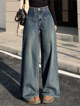AAHWAN - Blue Denim Mid Waist Wide Leg Solid Jeans