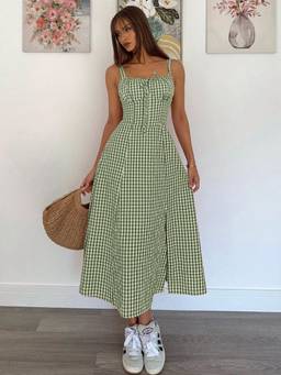 AAHWAN - Green Polyester A-Line Shoulder Straps Sleeveless Checks Dress