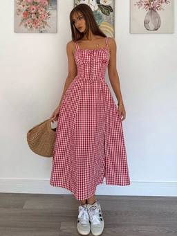 AAHWAN - Red Polyester A-Line Shoulder Straps Sleeveless Checks Dress