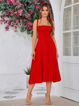 AAHWAN - Red Polyester A-Line Shoulder Straps Sleeveless Solid Dress