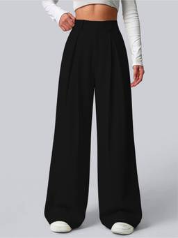 AAHWAN - Black High Waist Polyester Wide Leg Korean Solid Trouser