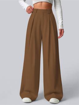 AAHWAN - Brown High Waist Polyester Wide Leg Korean Solid Trouser