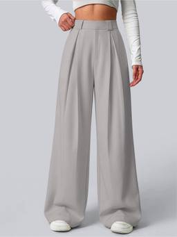 AAHWAN - Grey High Waist Polyester Wide Leg Korean Solid Trouser