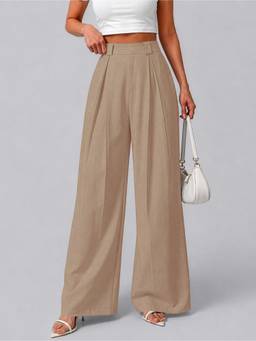 MULVARI - Beige High Waist Polyester Wide Leg Korean Solid Trouser