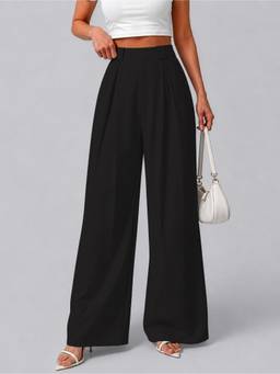 MULVARI - Black High Waist Polyester Wide Leg Korean Solid Trouser