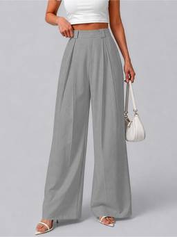 MULVARI - Grey High Waist Polyester Wide Leg Korean Solid Trouser