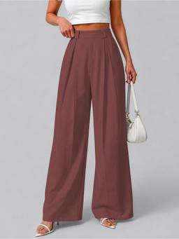 MULVARI - Mauve High Waist Polyester Wide Leg Korean Solid Trouser