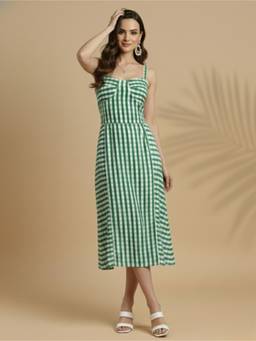 AAHWAN - Green Polyester Flared Shoulder Straps Sleeveless Checks Dress