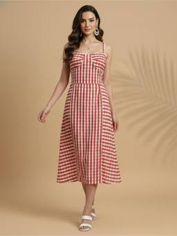 AAHWAN - Red Polyester Flared Shoulder Straps Sleeveless Checks Dress