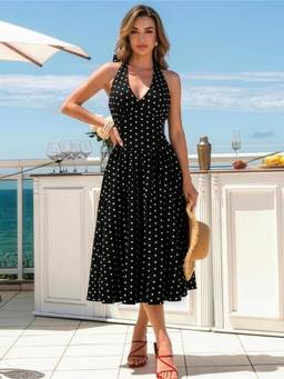 AAHWAN - Black Polyester A-Line Halter Neck Sleeveless Polka Dots Dress