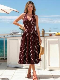 AAHWAN - Brown Polyester A-Line Halter Neck Sleeveless Polka Dots Dress