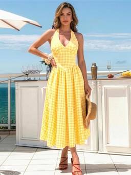 AAHWAN - Yellow Polyester A-Line Halter Neck Sleeveless Checks Dress