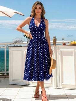 AAHWAN - Navy Blue Polyester A-Line Halter Neck Sleeveless Polka Dots Dress