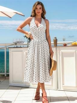 AAHWAN - White Polyester A-Line Halter Neck Sleeveless Polka Dots Dress