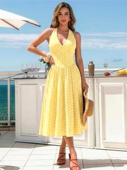AAHWAN - Yellow Polyester A-Line Halter Neck Sleeveless Polka Dots Dress