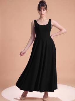 MULVARI - Black Polyester Flared Scoop Neck Sleeveless Solid Dress
