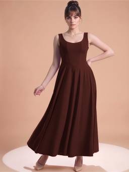 MULVARI - Brown Polyester Flared Scoop Neck Sleeveless Solid Dress