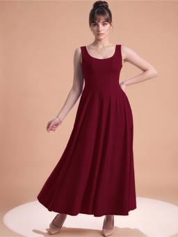 MULVARI - Maroon Polyester Flared Scoop Neck Sleeveless Solid Dress
