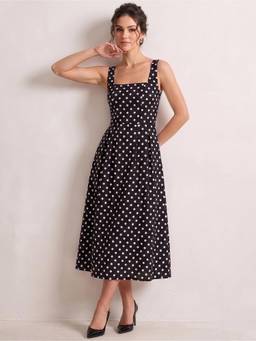 AAHWAN - Black Polyester A-Line Shoulder Straps Sleeveless Polka Dots Dress