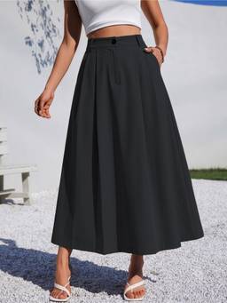 MULVARI - Grey Solid Belt Pleated High Waisted A Line Flowy Long Maxi Skirt