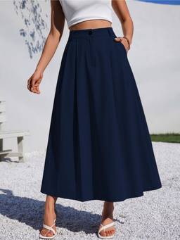 MULVARI - Blue Solid Belt Pleated High Waisted A Line Flowy Long Maxi Skirt