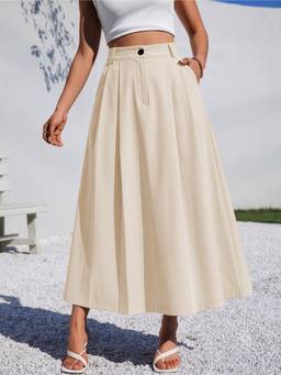 MULVARI - Off White Solid Belt Pleated High Waisted A Line Flowy Long Maxi Skirt