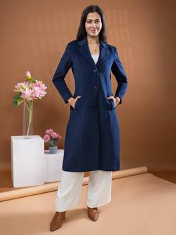 TWENTY ME - Navy Blue Tweed Notched Lapel Longline Solid Wintercoat