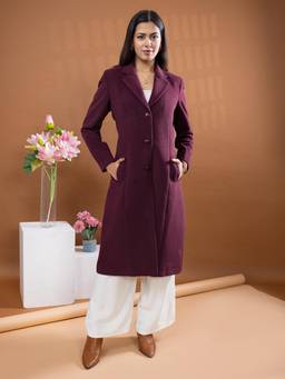 TWENTY ME - Wine Tweed Notched Lapel Longline Solid Wintercoat
