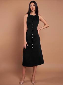 AAHWAN - Black Polyester A-Line Round Neck Sleeveless Solid Dress