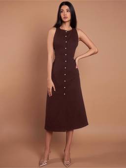 AAHWAN - Brown Polyester A-Line Round Neck Sleeveless Solid Dress