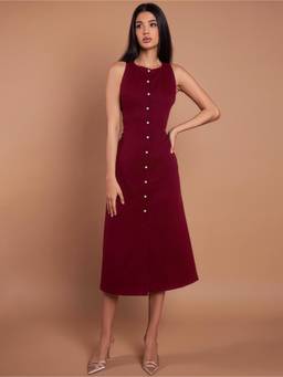AAHWAN - Maroon Polyester A-Line Round Neck Sleeveless Solid Dress