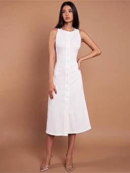 AAHWAN - White Polyester A-Line Round Neck Sleeveless Solid Dress