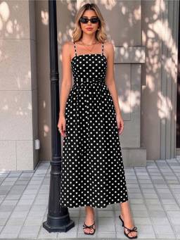 MULVARI - Black Polyester A-Line Shoulder Straps Sleeveless Polka Dots Dress