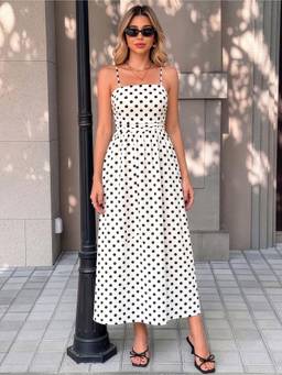 MULVARI - White Polyester A-Line Shoulder Straps Sleeveless Polka Dots Dress