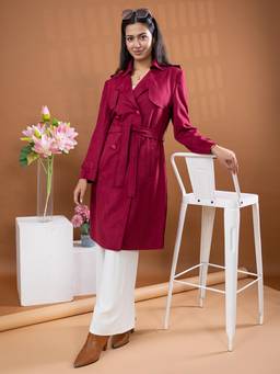 TWENTY ME - Wine Suede Notched Lapel Longline Solid Wintercoat