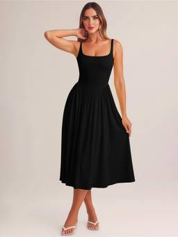 AAHWAN - Black Polyester A-Line Scoop Neck Sleeveless Solid Dress