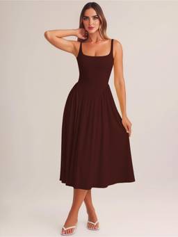 AAHWAN - Brown Polyester A-Line Scoop Neck Sleeveless Solid Dress