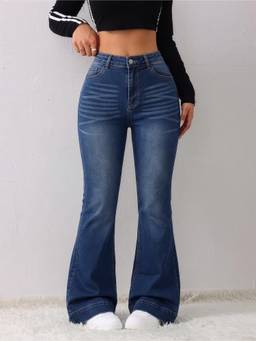 MULVARI - Navy Blue Denim Mid Waist Boot Cut Leg Solid Jeans
