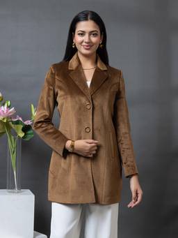 TWENTY ME - Beige Velvet Notched Lapel Longline Solid Wintercoat
