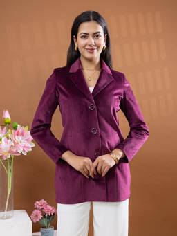 TWENTY ME - Wine Velvet Notched Lapel Longline Solid Wintercoat