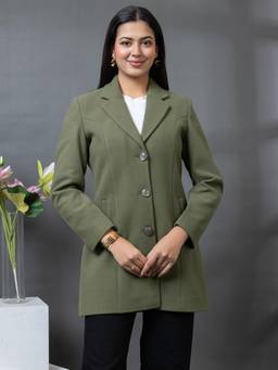 TWENTY ME - Olive Tweed Notched Lapel Longline Solid Wintercoat