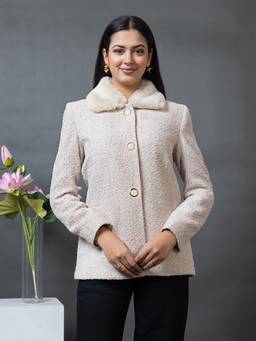 TWENTY ME - Beige Nylon Collar Neck Longline Self Design Wintercoat