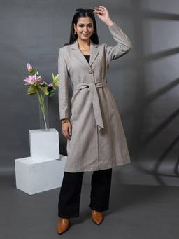 TWENTY ME - Beige Tweed Notched Lapel Longline Solid Wintercoat