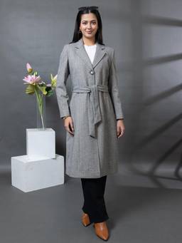 TWENTY ME - Grey Tweed Notched Lapel Longline Solid Wintercoat