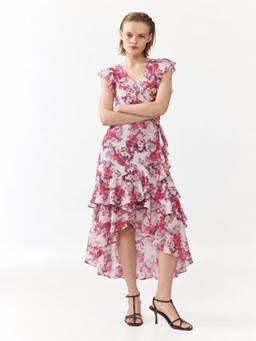 Ikonic Klaer - Pink Chiffon Flared V-Neck Sleeveless Floral Dress